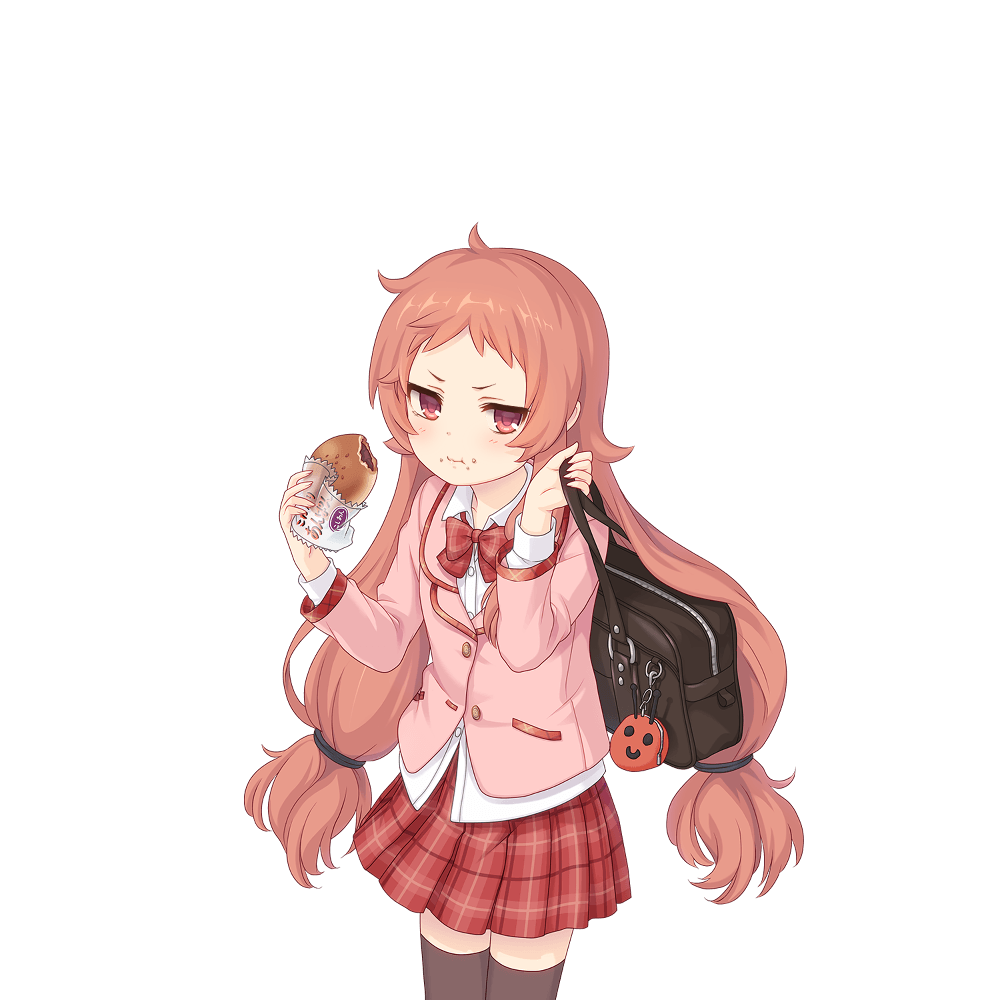 1girl, bag, black_thighhighs, eating, food, food_on_face, holding, holding_food