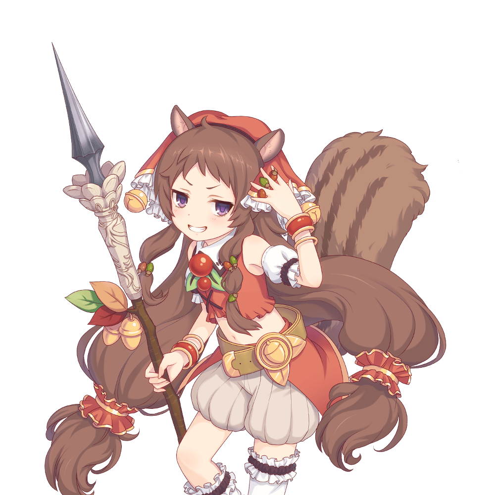 1girl, acorn, animal_ears, brown_hair, holding, holding_polearm, holding_weapon, long_hair, looking_at_viewer, official_art, polearm, princess_connect!, rin_(princess_connect!), spear, squirrel_girl, tachi-e, transparent_background, violet_eyes, weapon