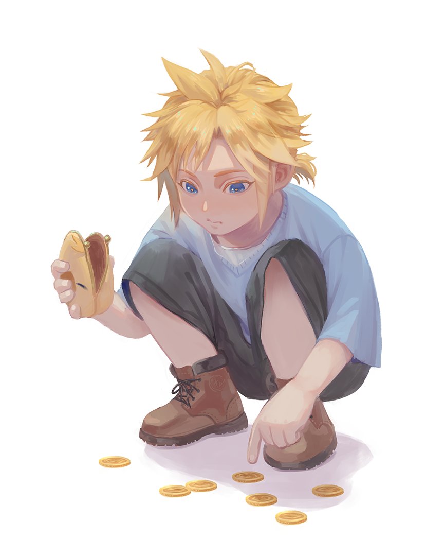 1boy, bag, bangs, black_shorts, blonde_hair, blue_eyes, boots, brown_footwear
