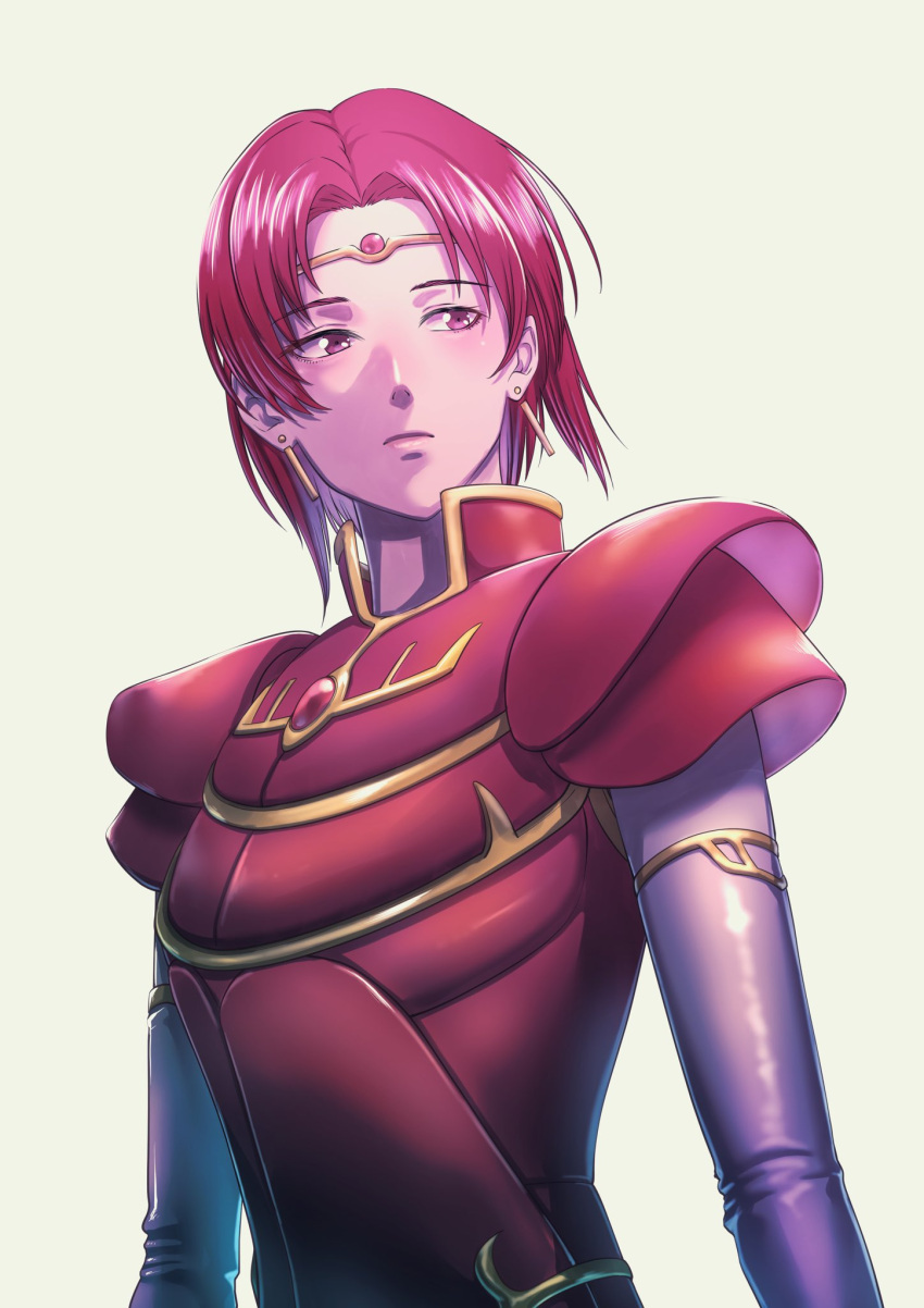 1girl, aduti_momoyama, armor, chest_jewel, circlet, closed_mouth, earrings, elbow_gloves