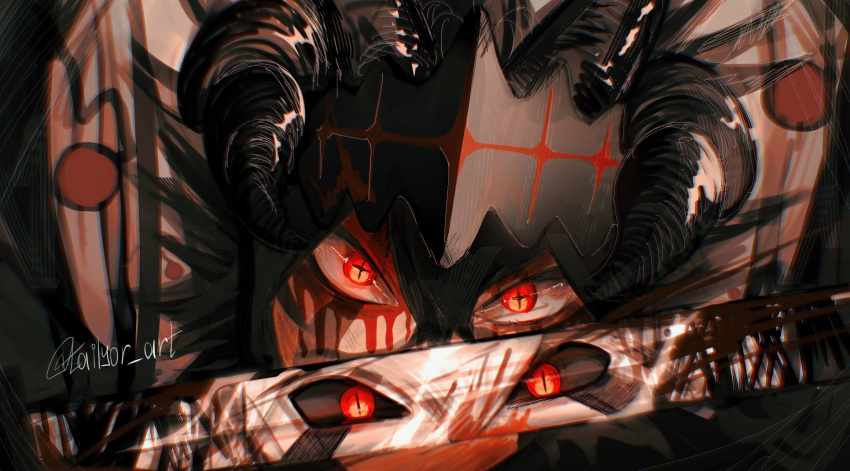 2boys, asta_(black_clover), black_clover, black_hair, black_headwear, demon_boy, demon_horns, facial_mark, highres, holding, holding_sword, holding_weapon, horns, katana, liebe_(black_clover), looking_at_viewer, multiple_boys, red_eyes, reflection, sword, symbol-shaped_pupils, tailyor_art, twitter_username, weapon, white_hair