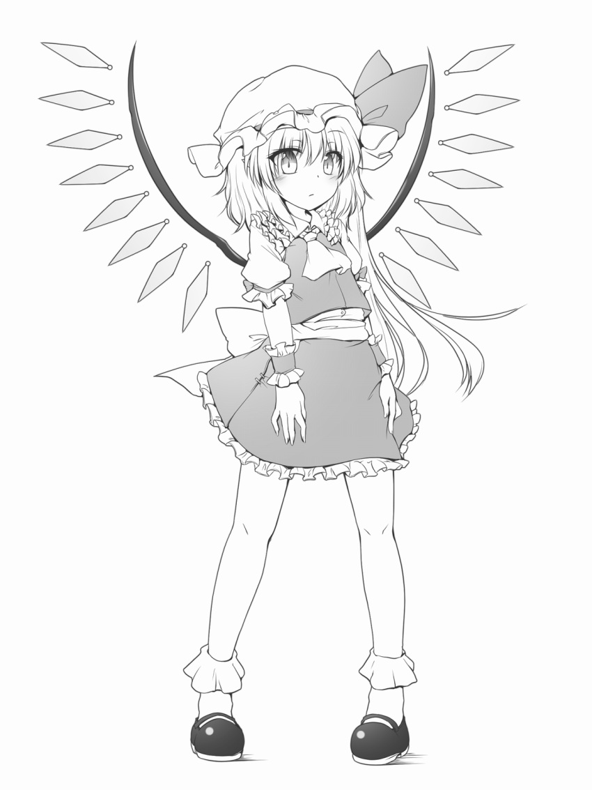 1girl, ascot, back_bow, bobby_socks, bow, closed_mouth, collared_shirt, flandre_scarlet, frilled_shirt_collar, frilled_skirt, frilled_sleeves, frills, full_body, greyscale, hair_between_eyes, hat, hat_ribbon, highres, long_hair, marukyuu_ameya, mary_janes, mob_cap, monochrome, pigeon-toed, puffy_short_sleeves, puffy_sleeves, ribbon, ribbon-trimmed_headwear, ribbon_trim, shirt, shoes, short_sleeves, side_ponytail, skirt, socks, solo, standing, touhou, vest, wings, wrist_cuffs