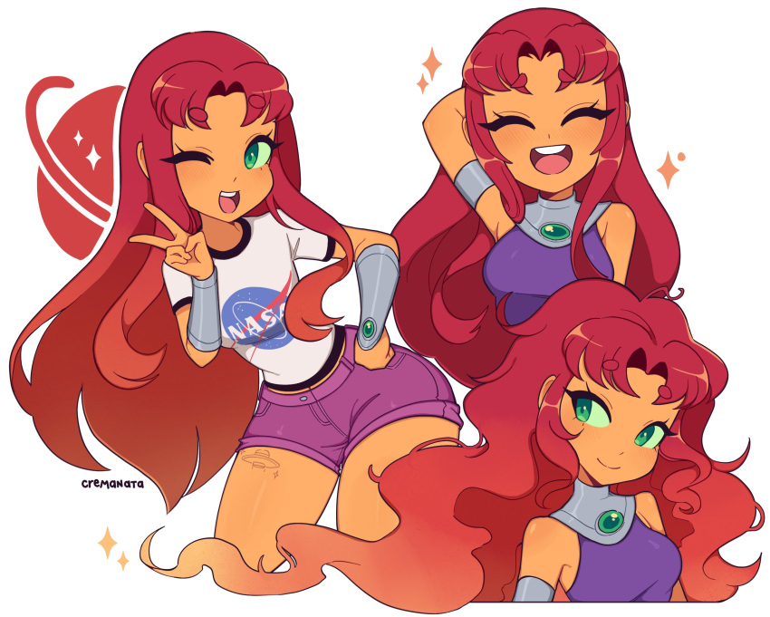 1girl, arm_behind_head, armband, armguards, bangs, breasts, closed_eyes, colored_skin, cremanata, dc_comics, green_eyes, highres, multiple_views, nasa, nasa_logo, one_eye_closed, open_mouth, orange_skin, redhead, shirt, shorts, small_breasts, smile, solo, starfire, teen_titans, teeth, thighs, upper_teeth, watermark, wavy_hair, white_shirt