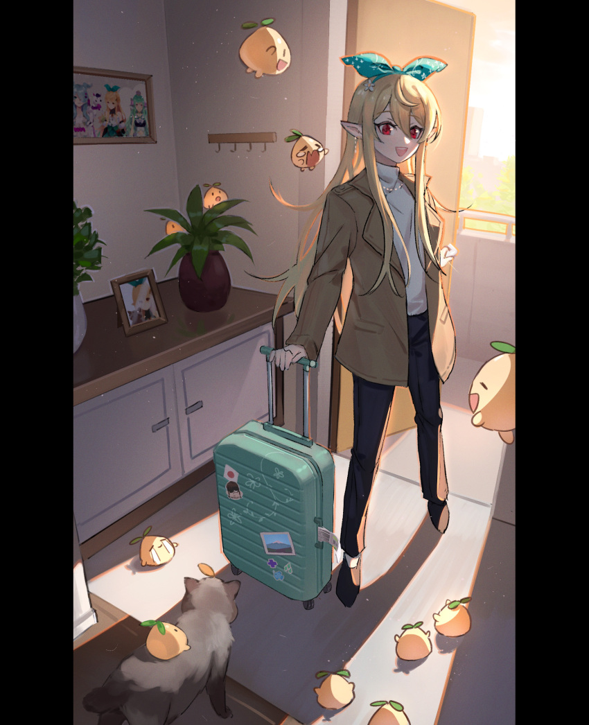 1girl, :d, =_=, bangs, black_footwear, black_pants, blonde_hair, briefcase