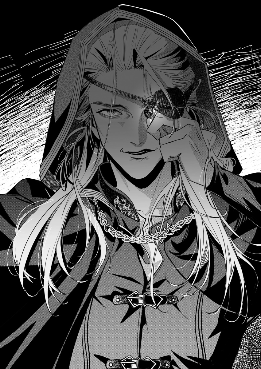 1boy, a_song_of_ice_and_fire, adjusting_eyepatch, aemond_targaryen, clasp, cloak, eyepatch, greyscale