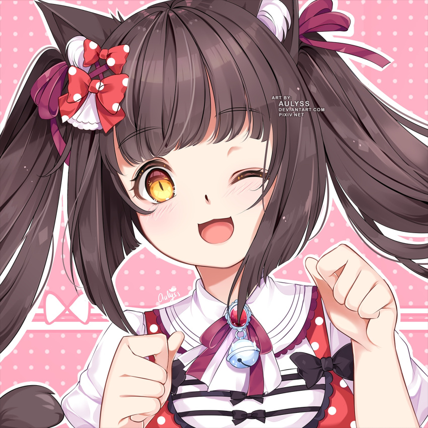 1girl, ;3, animal_ears, aulyss_(aucrowne), bangs, bell, blunt_bangs, blush, bow, breasts, brown_hair, cat_ears, cat_girl, chocola, collar, dot_nose, eyebrows_hidden_by_hair, eyelashes, gem, hair_bow, hair_ribbon, happy, highres, long_hair, looking_at_viewer, neck_bell, nekopara, one_eye_closed, open_mouth, paw_panties, pink_background, polka_dot, polka_dot_background, polka_dot_bow, polka_dot_shirt, puffy_short_sleeves, puffy_sleeves, purple_ribbon, red_gemstone, red_shirt, ribbon, shirt, shirt_bow, short_sleeves, sidelocks, signature, slit_pupils, solo, twintails, white_collar, yellow_eyes