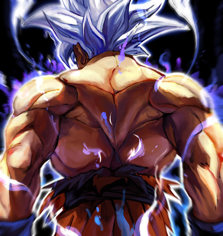 1boy, aura, back, dougi, dragon_ball, dragon_ball_super, from_behind, grey_hair