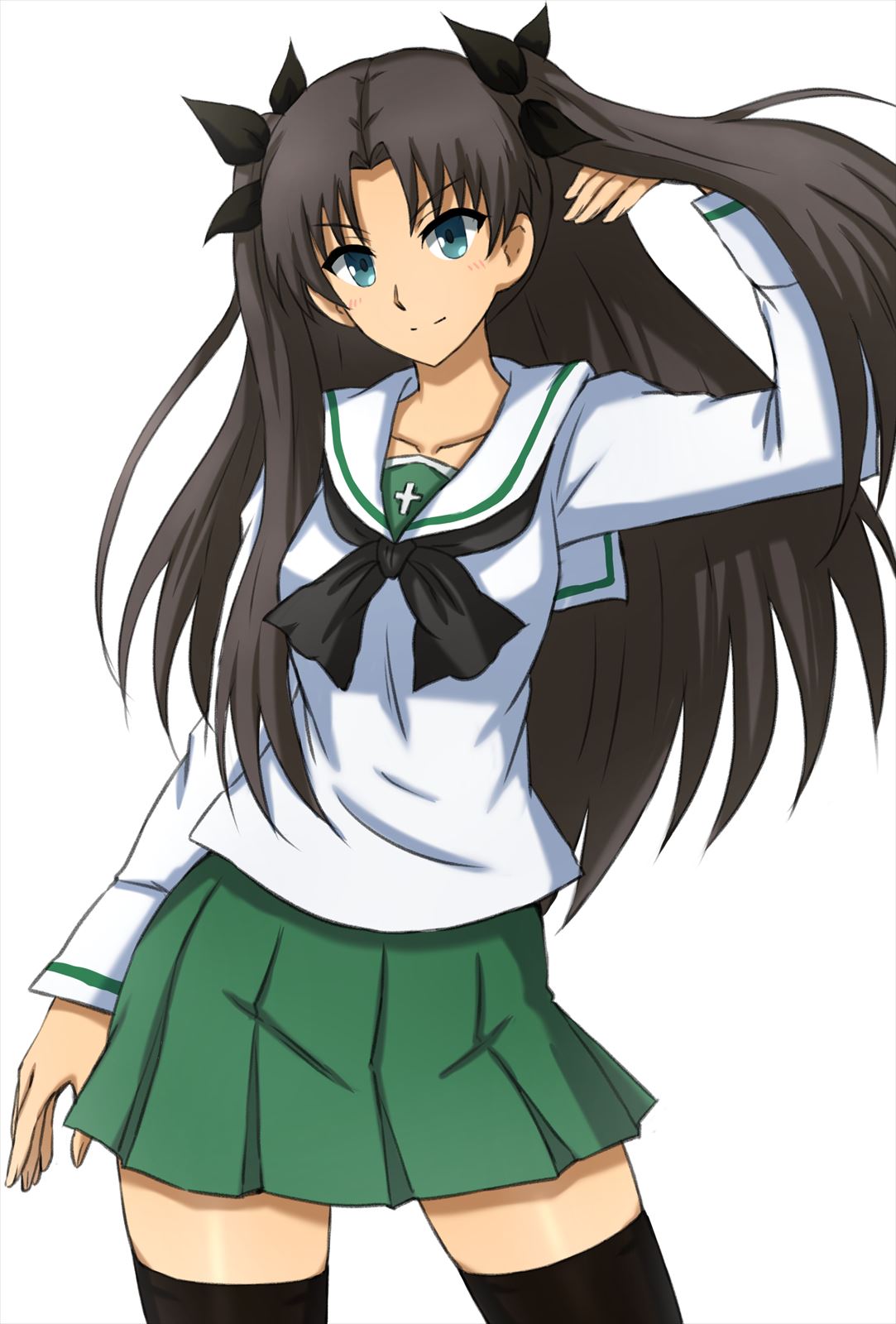 1girl, black_hair, black_neckerchief, black_ribbon, black_thighhighs, blouse, blue_eyes, closed_mouth