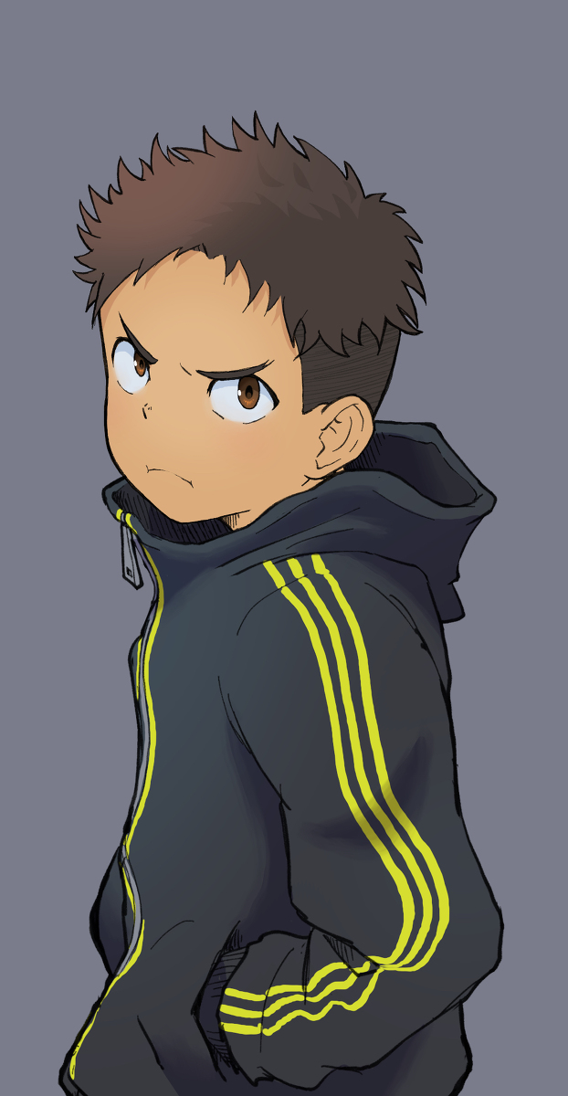 1boy, black_jacket, brown_eyes, brown_hair, grey_background, grumpy, hand_in_pocket, highres