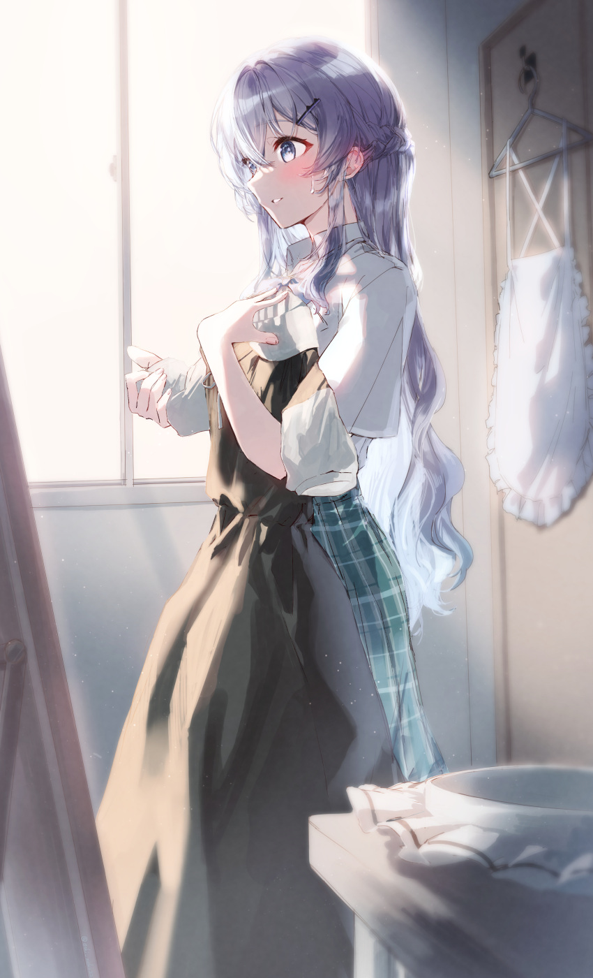 1girl, absurdres, apron, apron_removed, bangs, black_dress, blush, braid, breasts, checkered_clothes, checkered_skirt, collared_shirt, commentary_request, dentaku_music, dress, dress_removed, french_braid, frilled_apron, frills, from_side, green_skirt, grey_eyes, grey_hair, hair_between_eyes, hair_ornament, hairclip, hand_on_own_chest, headdress_removed, highres, holding, holding_clothes, holding_dress, indoors, long_hair, looking_at_mirror, maid_headdress, mirror, original, parted_lips, shirt, short_sleeves, sidelocks, skirt, small_breasts, solo, standing, sweatdrop, table, teeth, very_long_hair, white_apron, white_shirt, window