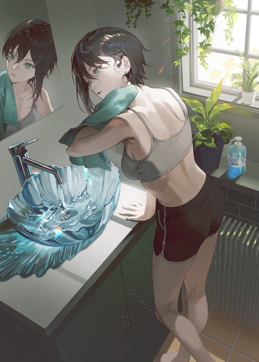1girl, arm_support, back, bangs, bare_shoulders, barefoot, bathroom, black_hair