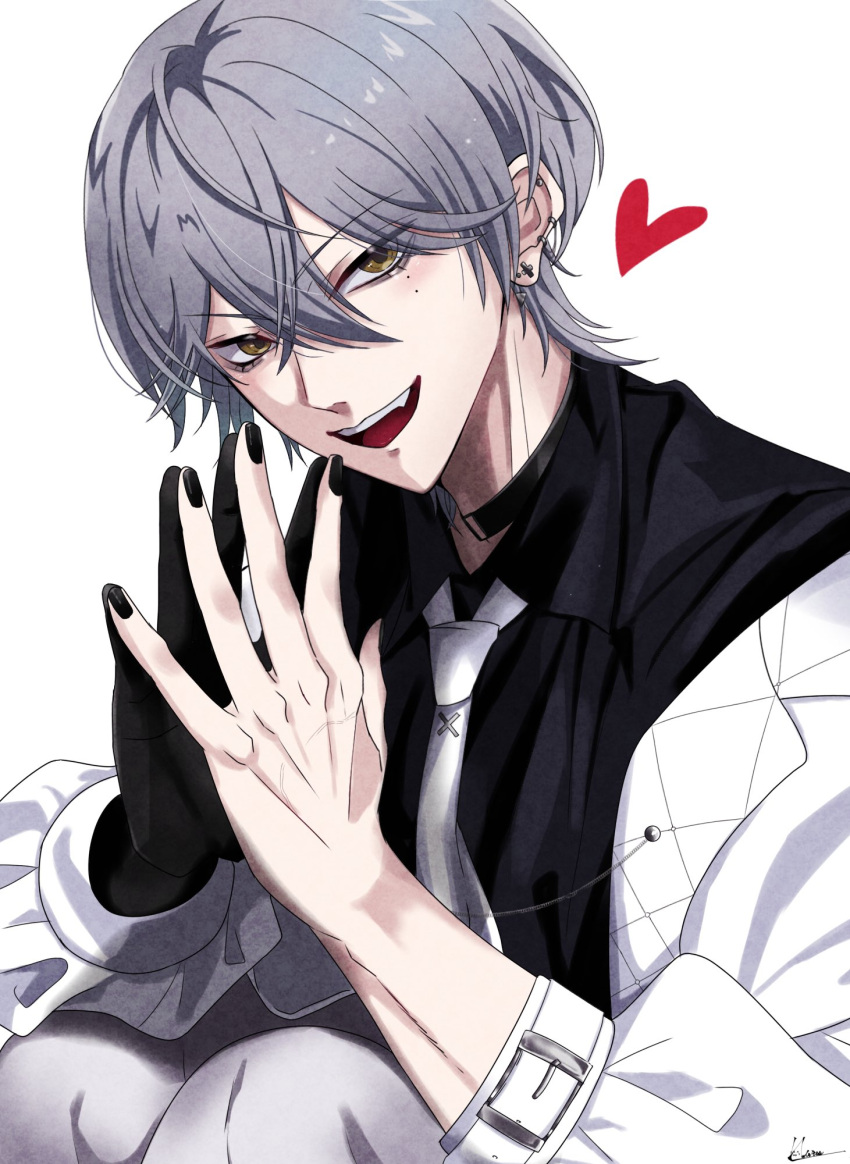 1boy, :d, ayato_galilei, bangs, black_choker, black_gloves, black_nails, choker, coat, collared_shirt, commentary_request, crossed_bangs, ear_piercing, earrings, evil_grin, evil_smile, eyes_visible_through_hair, gloves, grey_hair, grin, hair_between_eyes, heart, highres, jewelry, looking_at_viewer, mole, mole_under_eye, multiple_moles, nagisa2gi, necktie, o-ring, o-ring_choker, pale_skin, piercing, shirt, short_hair, signature, simple_background, single_glove, smile, solo, steepled_fingers, stud_earrings, v-shaped_eyebrows, wactor_production, white_background, white_coat, white_necktie, wing_collar, yellow_eyes