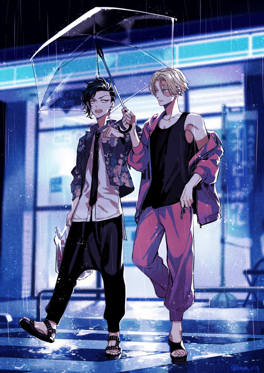 2boys, artist_name, asymmetrical_hair, bag, baggy_pants, bangs, bare_shoulders, black_footwear