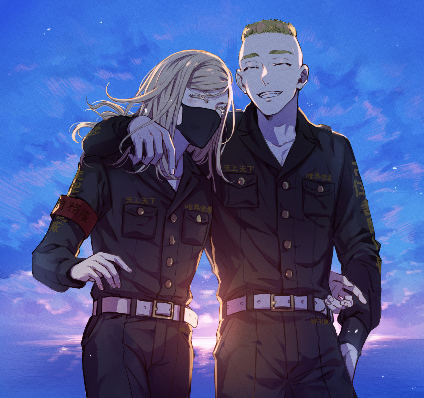 2boys, ^_^, arm_around_shoulder, armband, bangs, belt, belt_buckle, black_jacket