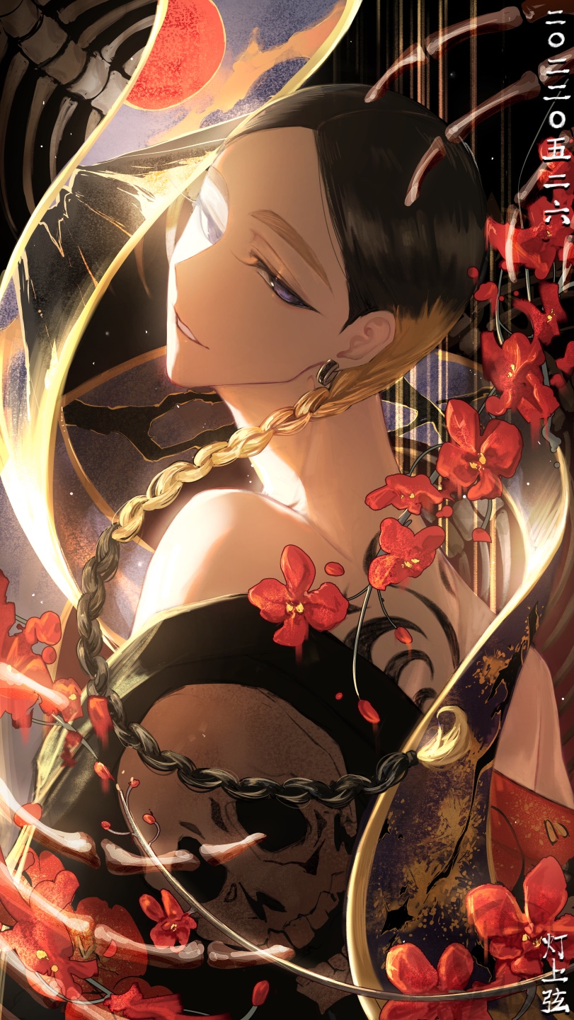 1boy, back_tattoo, bangs, bare_shoulders, black_background, black_hair, black_kimono, blonde_hair