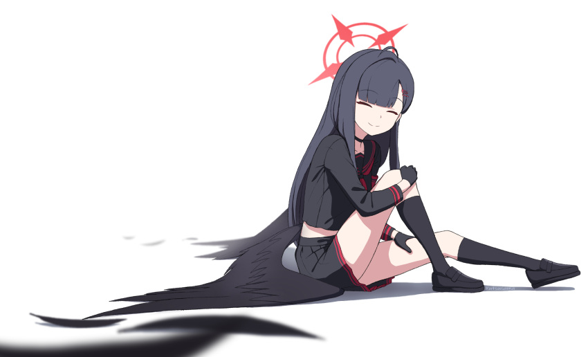 armband, black_choker, black_sailor_collar, black_serafuku, black_wings, blue_archive, choker, halo, highres, ichika_(blue_archive), kutsusama, low_wings, neckerchief, red_armband, red_halo, red_neckerchief, sailor_collar, school_uniform, serafuku, wings