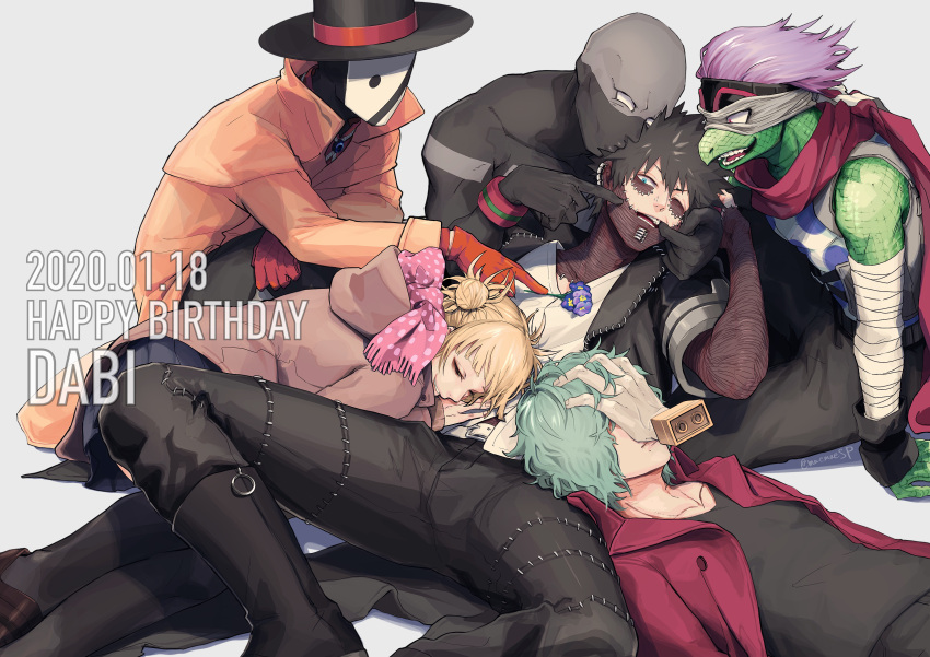 1girl, 5boys, absurdres, arm_on_knee, bags_under_eyes, bandaged_arm, bandages, bangs
