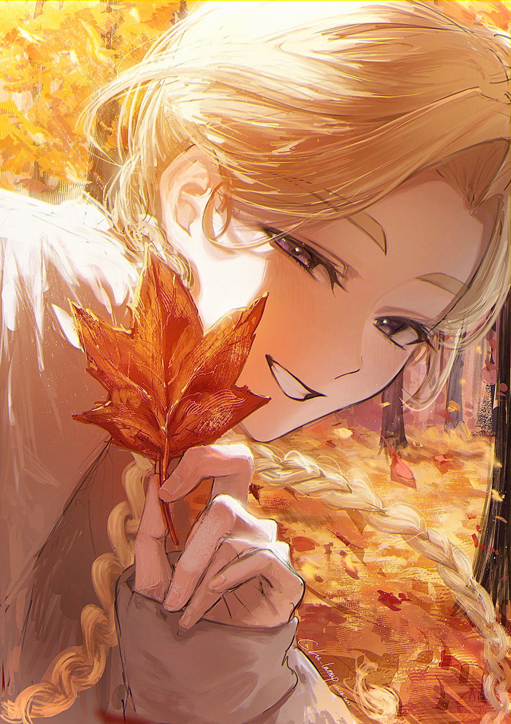 1boy, androgynous, artist_name, autumn, autumn_leaves, bangs, blonde_hair, blush