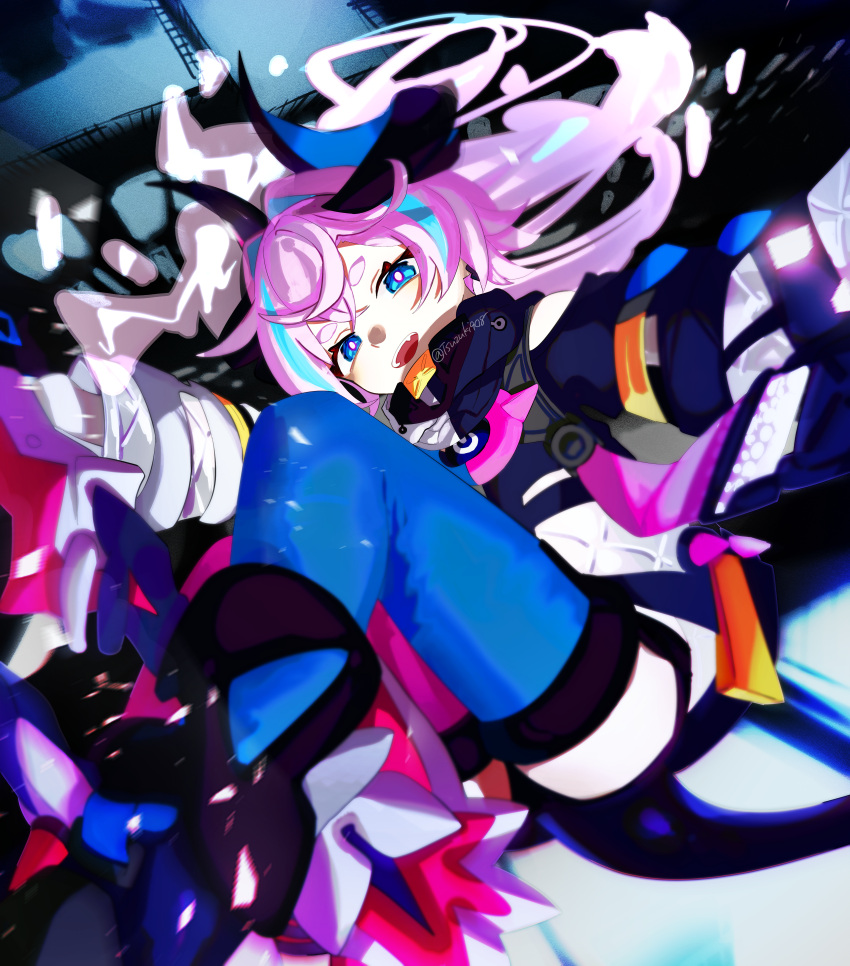 1girl, :d, absurdres, artist_name, asymmetrical_legwear, bangs, black_jacket, blue_eyes