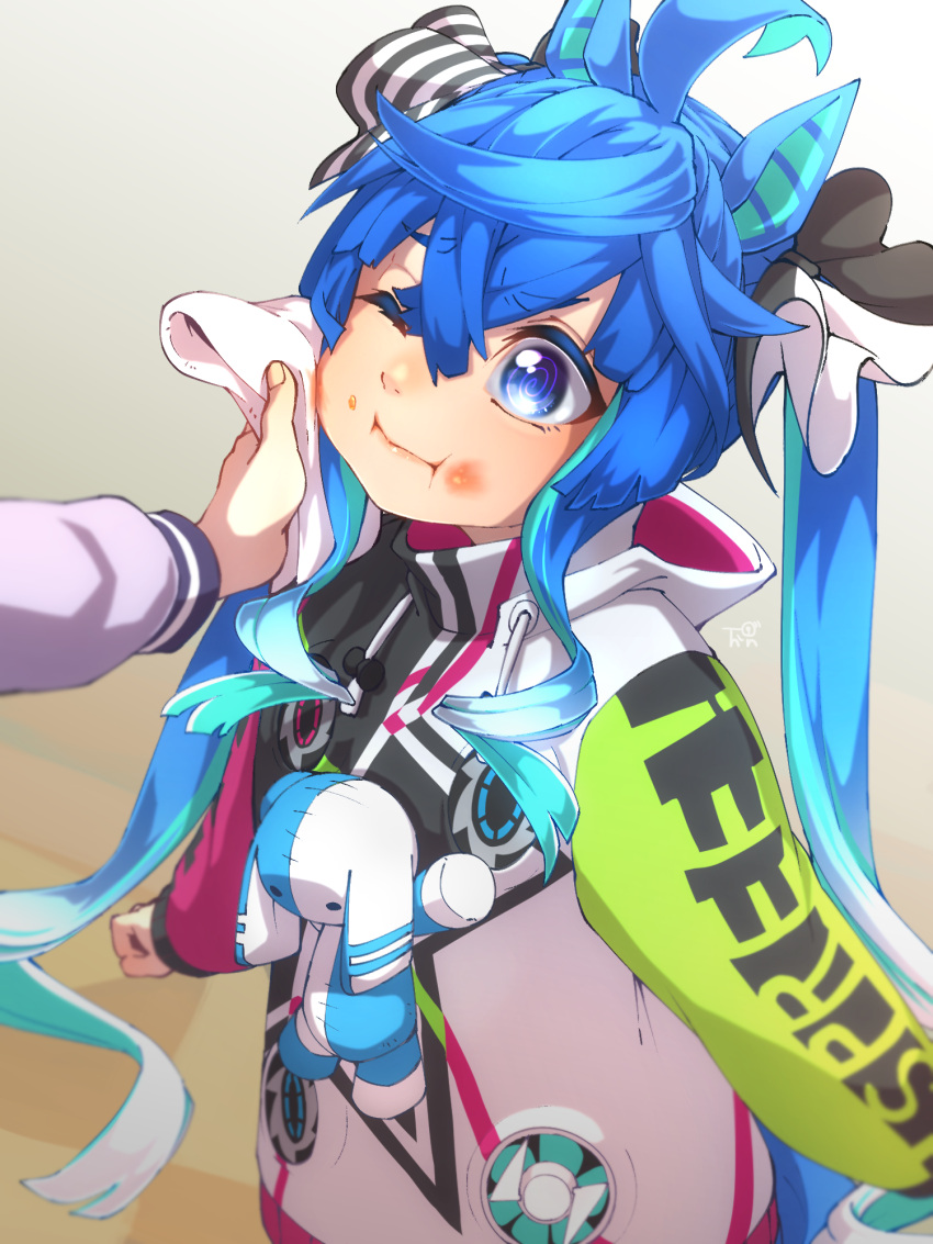 1girl, ;i, @_@, ahoge, animal_ears, aqua_hair, bangs, blue_eyes, blue_hair, clothes_writing, commentary_request, crossed_bangs, drawstring, food, food_on_face, hair_between_eyes, hair_ribbon, highres, horse_ears, jacket, long_hair, long_sleeves, multicolored_hair, one_eye_closed, out_of_frame, ribbon, solo_focus, streaked_hair, stuffed_animal, stuffed_toy, thin_(suzuneya), twin_turbo_(umamusume), twintails, umamusume, very_long_hair, white_hair, wiping_face