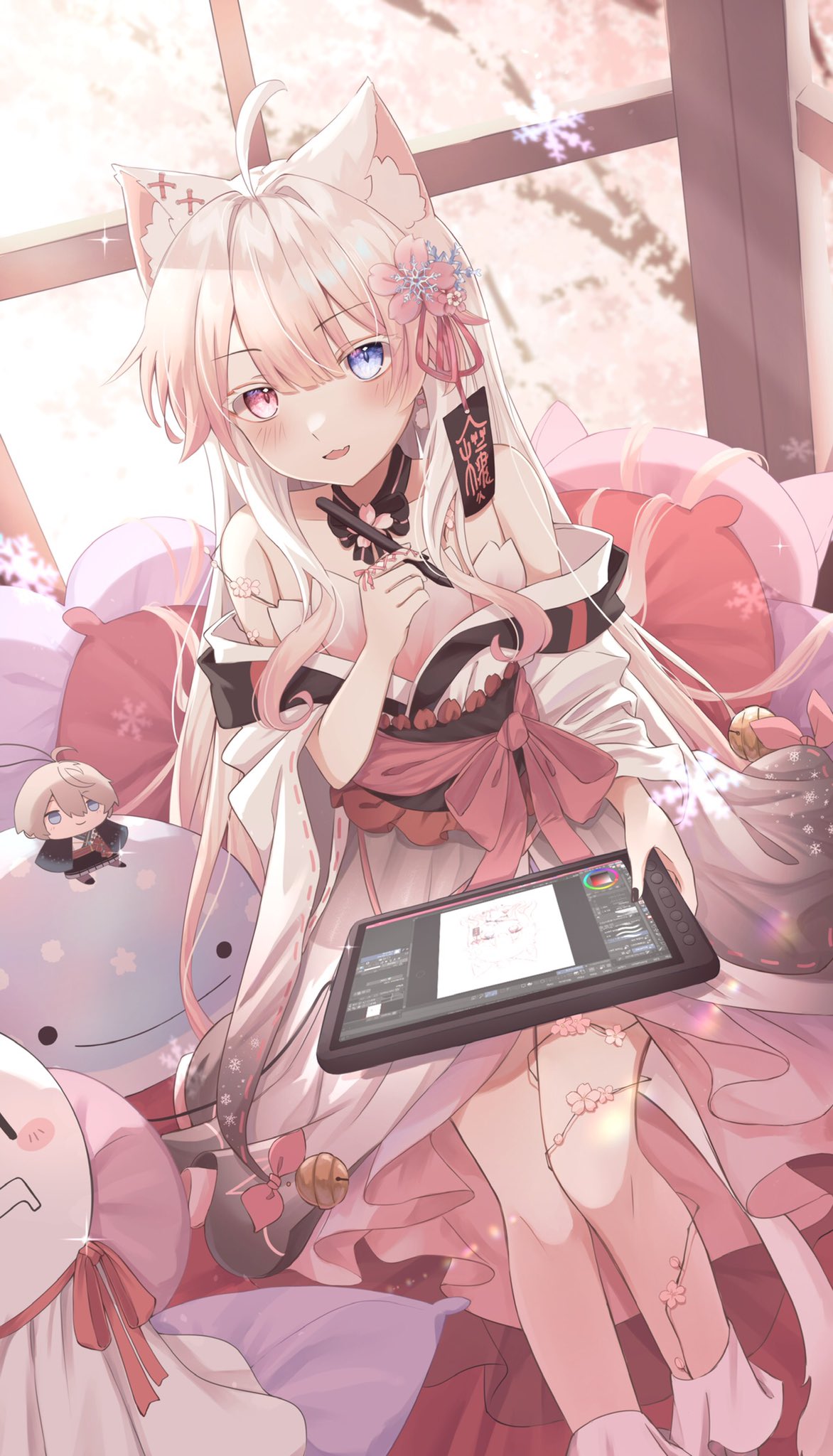 1girl, ahoge, animal_ear_fluff, animal_ears, bangs, bare_shoulders, bell, black_collar