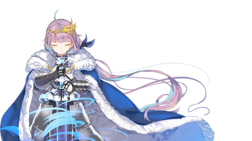 1girl, ahoge, armor, armored_dress, artoria_pendragon_(fate), bangs, blue_cloak, blue_hair