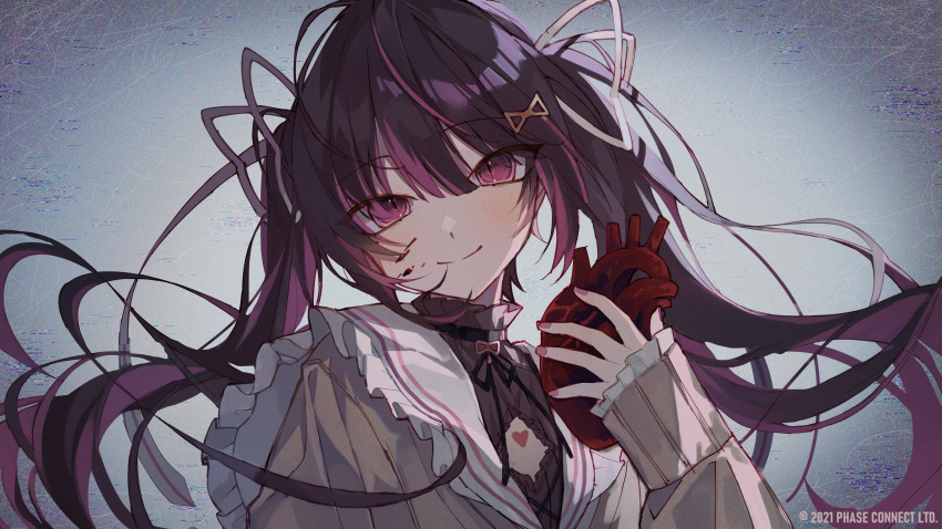 1girl, absurdres, bangs, black_ribbon, blood, blood_on_face, cleavage_cutout, close-up