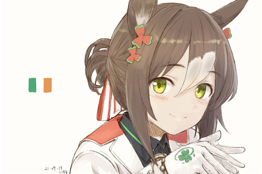 1girl, animal_ears, brown_hair, closed_mouth, clover_hair_ornament, dated, fine_motion_(umamusume), flag