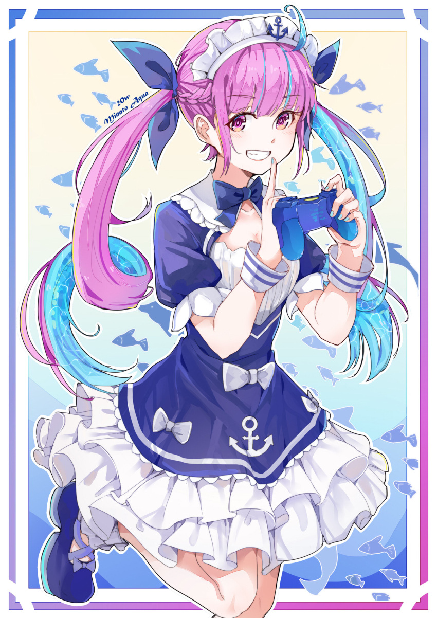 1girl, anchor, anchor_symbol, animal, blue_bow, blue_dress, blue_footwear, blue_hair