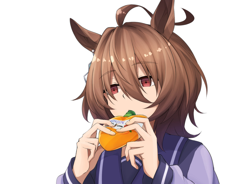 1girl, agnes_tachyon_(umamusume), ahoge, animal_ears, brown_hair, earrings, eating, empty_eyes