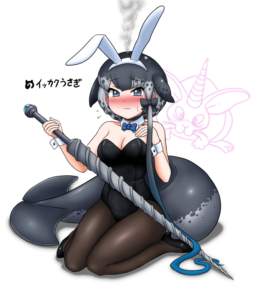 1girl, adansosutega, alternate_costume, animal_ears, bare_shoulders, black_bow, black_footwear, black_leotard, black_pantyhose, blowhole, blue_bow, blue_bowtie, blue_eyes, blush, bow, bowtie, cetacean_tail, detached_collar, embarrassed, fake_animal_ears, grey_hair, hair_bow, high_heels, highres, kemono_friends, leotard, long_hair, multicolored_hair, narwhal_(kemono_friends), pantyhose, playboy_bunny, polearm, rabbit_tail, sitting, sleeveless, solo, spear, tail, translation_request, two-tone_hair, weapon, whale_girl