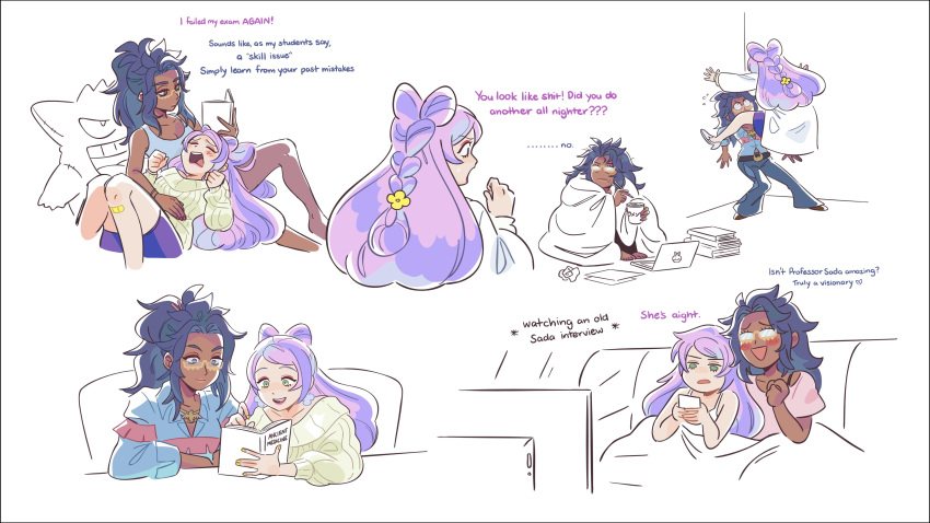 2girls, absurdres, applin, bandaid, bandaid_on_leg, black_hair, blush, book