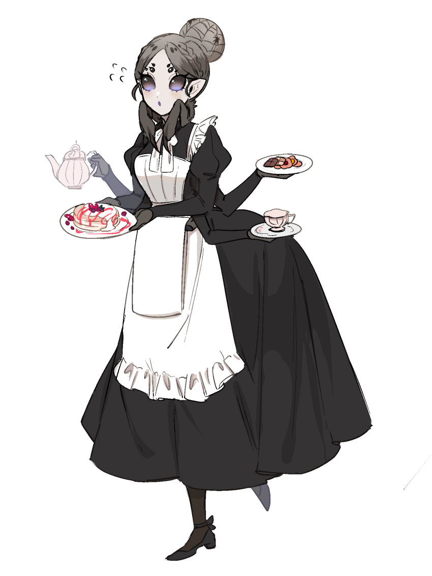 1girl, apron, arthropod_girl, arthropod_limbs, bachikin_(kingyo155), berry, black_dress, bug, commentary_request, cup, dress, extra_arms, extra_eyes, food, grey_hair, highres, holding, holding_plate, holding_teapot, maid, monster_girl, original, pancake, plate, simple_background, solo, spider, spider_girl, teacup, teapot, white_apron, white_background