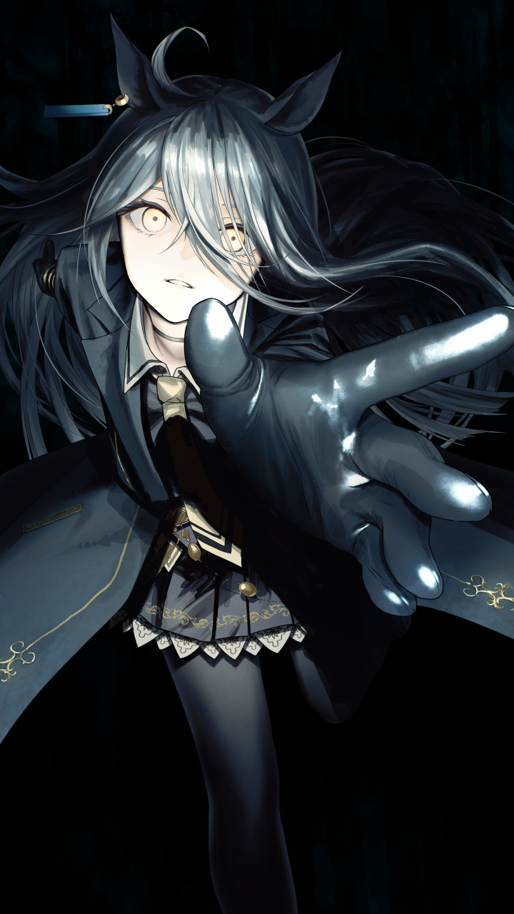 1girl, ahoge, animal_ears, bangs, black_background, black_coat, black_gloves, black_hair