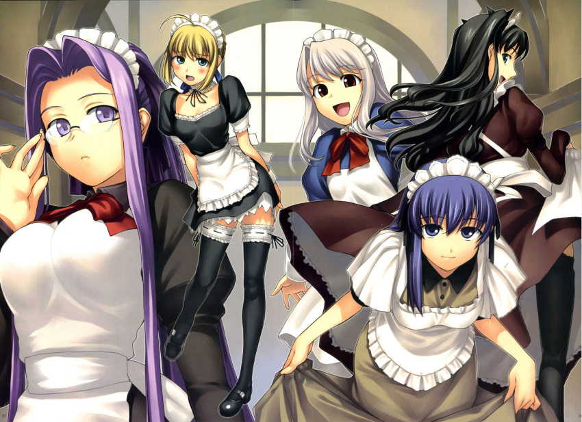 5girls, artoria_pendragon_(all), fate/stay_night, fomalhaut, illyasviel_von_einzbern, maid, matou_sakura, medusa_(fate), medusa_(fate)_(all), glasses, rider, saber, tanaka_shoutarou, tohsaka_rin
