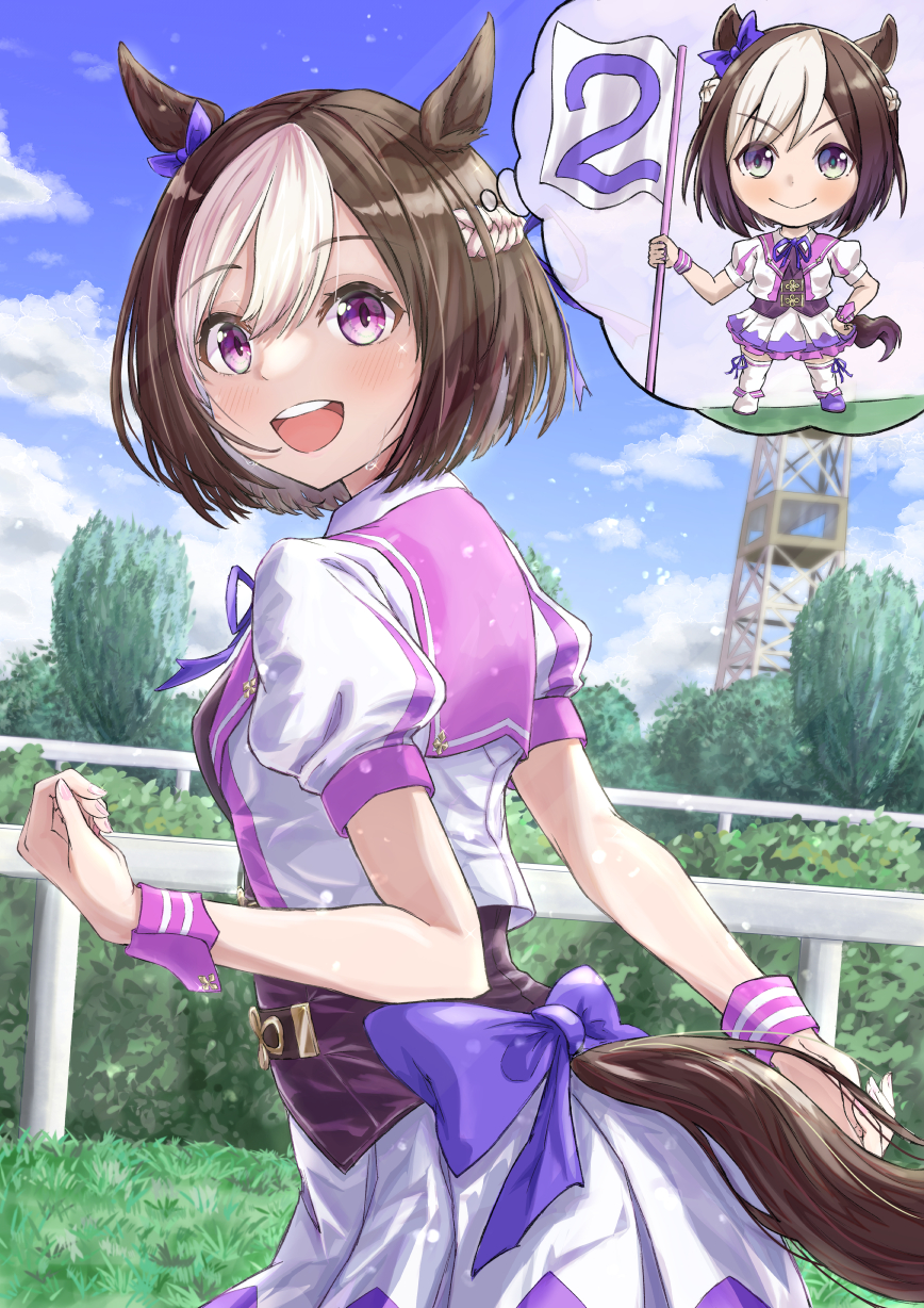 1girl, :d, animal_ears, bangs, blue_bow, bow, braid, brown_hair