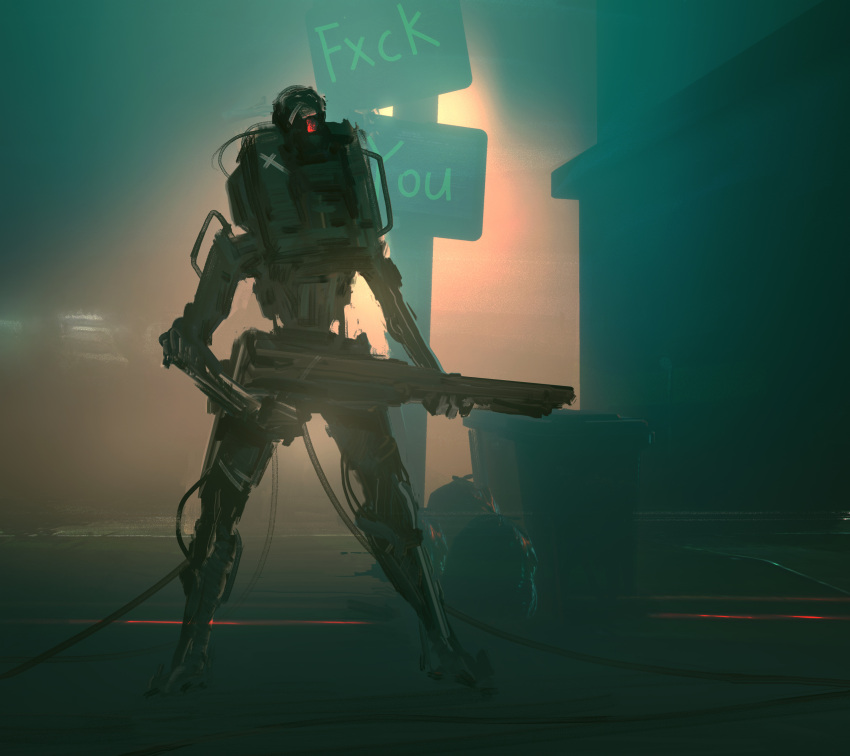 absurdres, assault_rifle, beam_rifle, board, cable, cyberpunk, energy_gun, english_text