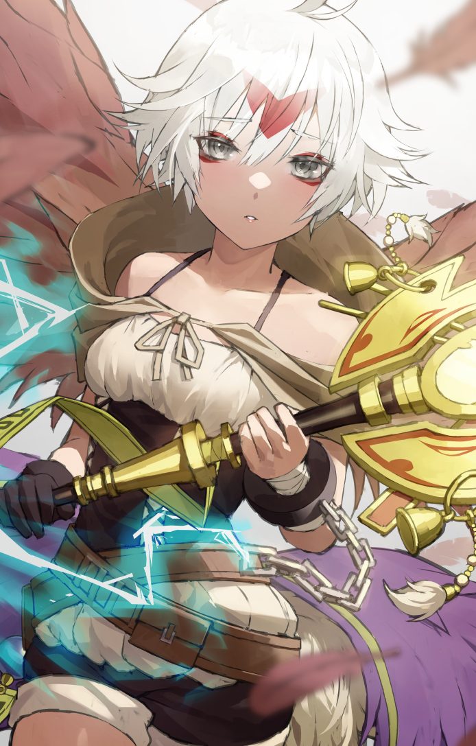 1girl, ahoge, bandages, bell, belt_pouch, blurry, breasts, chain, commentary_request, cuffs, depth_of_field, duel_monster, eyeshadow, fagi_(kakikaki), familiar-possessed_-_lyna, feathers, gloves, grey_eyes, holding, holding_staff, jacket, lyna_(yu-gi-oh!), makeup, neck_ribbon, parted_lips, pouch, red_eyeshadow, ribbon, short_hair, shorts, single_glove, solo, staff, white_hair, wings, yu-gi-oh!