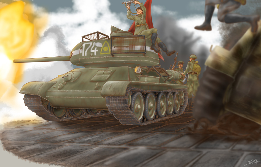 1other, 3boys, absurdres, belt, black_footwear, blurry, boots, canteen, carrying_bag, caterpillar_tracks, depth_of_field, firing, generalmajor_st, green_bag, green_headwear, green_pants, green_shirt, grey_sky, ground_vehicle, gun, hand_up, hat, headlight, helmet, highres, historical_event, holding, holding_gun, holding_weapon, knee_boots, long_sleeves, looking_afar, looking_ahead, looking_at_another, midair, military, military_hat, military_helmet, military_uniform, military_vehicle, motor_vehicle, multiple_boys, muzzle_flash, original, pants, peaked_cap, pps-43, pps_submachine_gun, realistic, red_flag, russian_commentary, shirt, signature, sitting, sitting_on_object, sling, smoke, soldier, soviet, soviet_flag, standing, t-34, tank, uniform, vehicle_focus, weapon, world_war_ii