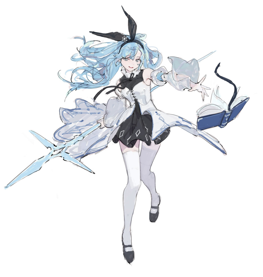 1girl, absurdres, black_dress, black_hairband, blue_eyes, blue_hair, book, bow, bow_hairband, detached_sleeves, dress, full_body, hair_bow, hairband, highres, holding, holding_polearm, holding_weapon, jaeyeong, long_hair, looking_at_viewer, open_book, original, polearm, simple_background, smile, solo, spear, thigh-highs, weapon, white_background, white_dress, white_thighhighs