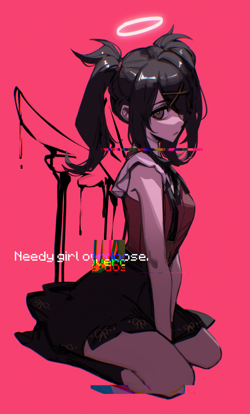 1girl, absurdres, ame-chan_(needy_girl_overdose), bangs, black_hair, black_ribbon, black_skirt, black_socks, black_wings, collar, collared_shirt, full_body, glitch, grey_eyes, hair_ornament, hair_over_one_eye, hair_tie, hairclip, halo, highres, jirai_kei, long_hair, looking_at_viewer, neck_ribbon, needy_girl_overdose, red_shirt, ribbon, sakamoto_tatsuko, shirt, shirt_tucked_in, simple_background, sitting, skirt, socks, solo, suspender_skirt, suspenders, twintails, wariza, white_collar, wings, x_hair_ornament