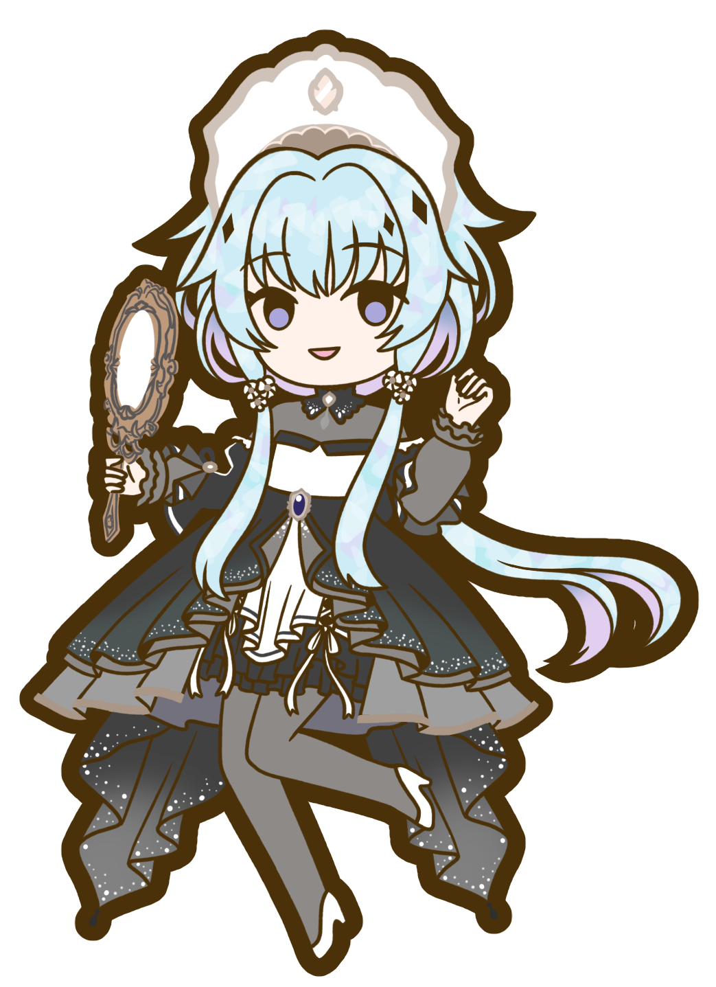 1girl, :d, bangs, blue_hair, bonnet, cross-laced_clothes, dress, flower, frilled_sleeves, frills, full_body, gem, grey_pantyhose, grey_shirt, hair_flower, hair_ornament, hand_up, high_heels, highres, holding, holding_mirror, ichigobellbell, layered_skirt, layered_sleeves, leg_up, light_blue_hair, long_sleeves, looking_at_viewer, low_tied_sidelocks, magia_record:_mahou_shoujo_madoka_magica_gaiden, mahou_shoujo_madoka_magica, mirror, no_nose, pantyhose, purple_gemstone, sena_mikoto, shirt, sidelocks, skirt, smile, solo, transparent_background, tri_tails, violet_eyes, white_flower, white_footwear, white_headwear