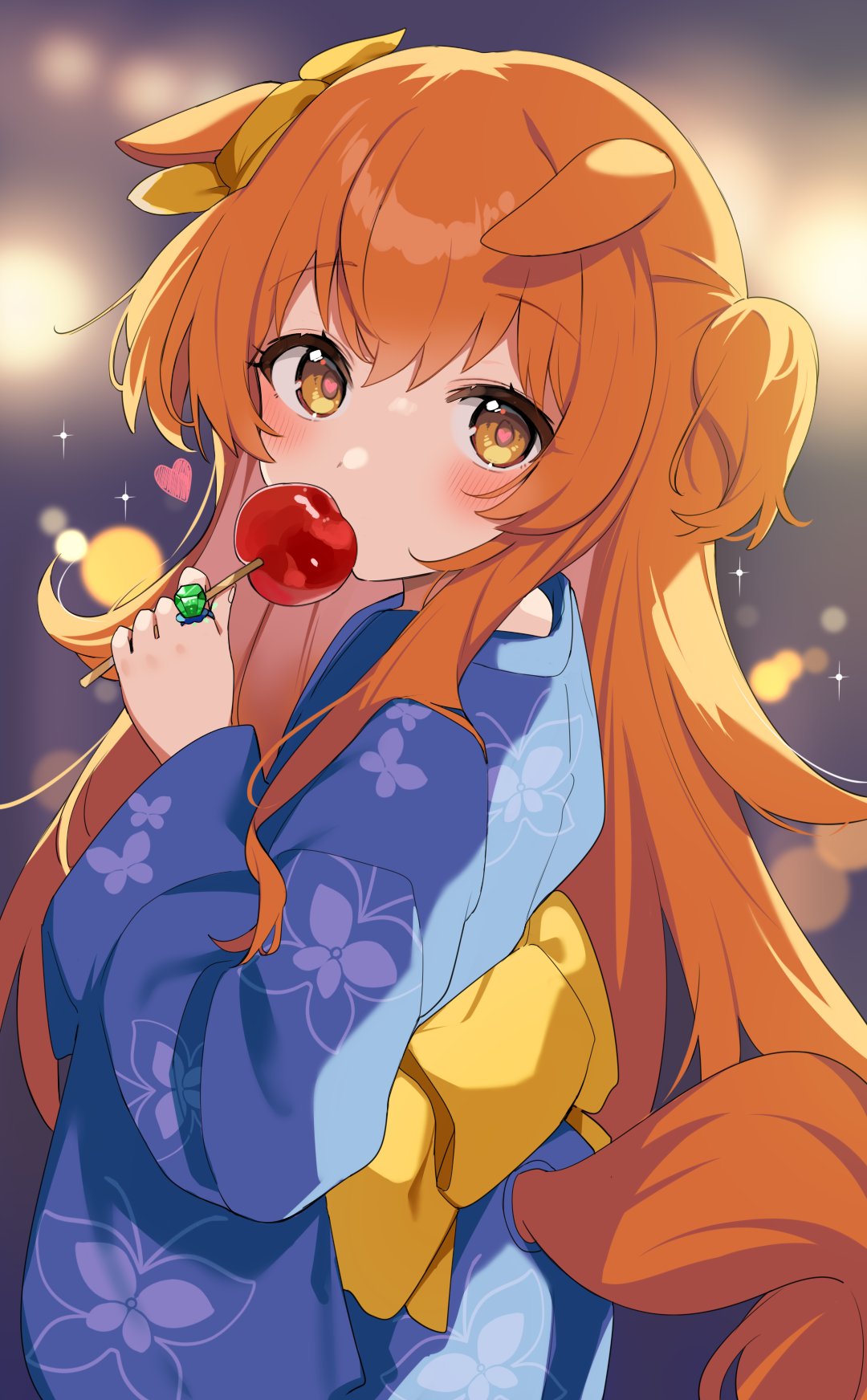 1girl, animal_ears, blue_kimono, blush, candy_apple, food, from_side, heart