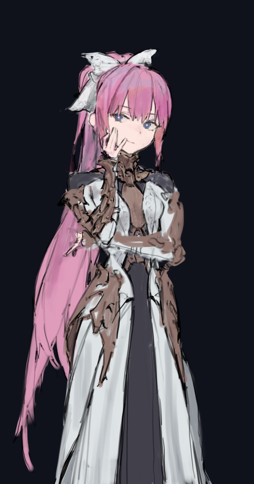 1girl, absurdres, armor, armored_dress, black_background, blue_eyes, bow, closed_mouth