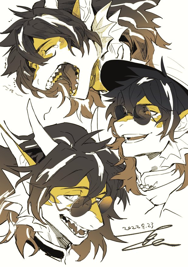 1boy, arknights, closed_eyes, commentary_request, dated, fedora, furry, furry_male