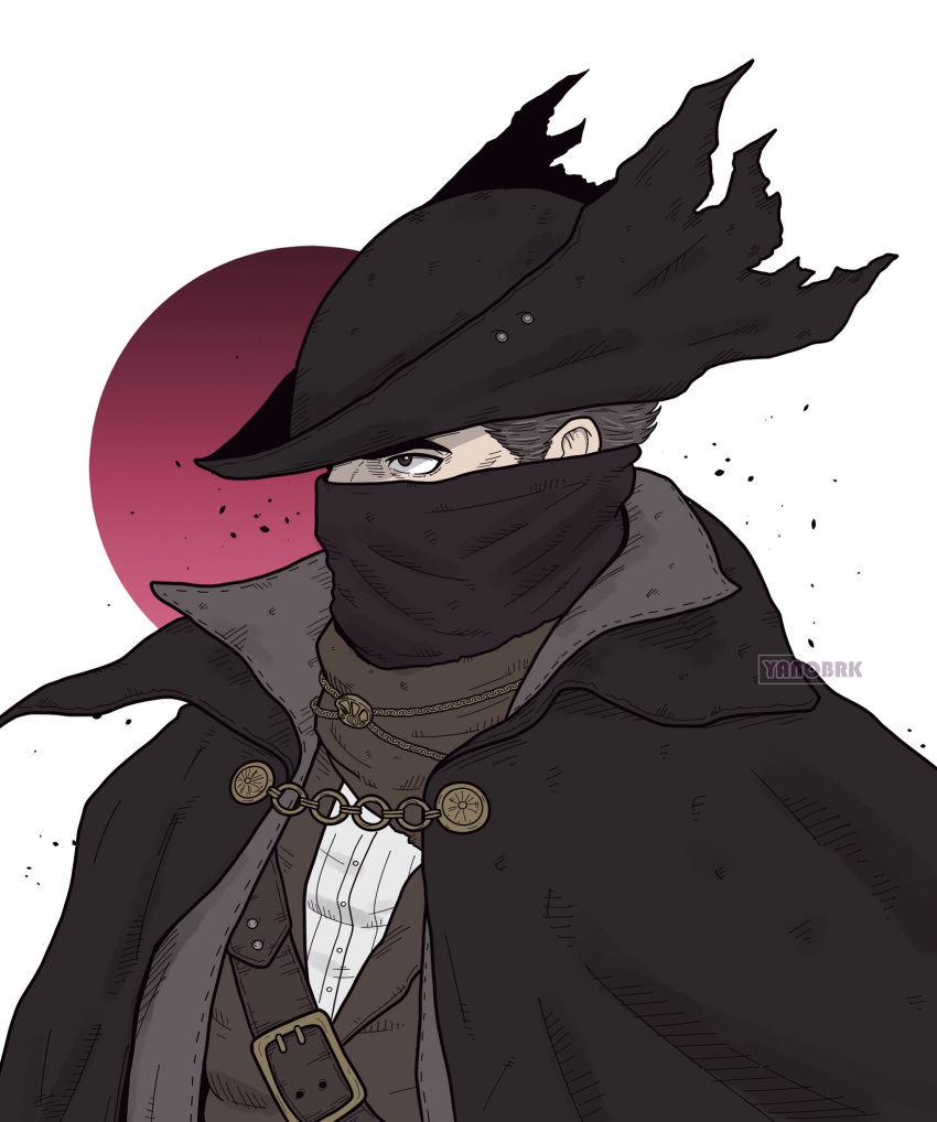 1boy, belt, bicorne, black_cape, black_headwear, bloodborne, brown_eyes, brown_jacket