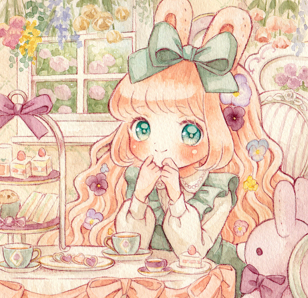1girl, animal_ears, apron, aqua_eyes, bangs, blue_flower, blunt_bangs, blush, bow, bright_pupils, cake, cake_slice, candy, closed_mouth, collared_shirt, cup, day, drink, flower, food, frilled_apron, frills, green_apron, green_bow, hair_bow, hair_flower, hair_ornament, hands_on_own_chin, happy, heart, indoors, long_hair, long_sleeves, looking_at_viewer, on_chair, orange_hair, original, own_hands_together, pastel_colors, pink_bow, pink_flower, pink_tulip, plant, plate, puffy_long_sleeves, puffy_sleeves, purple_bow, purple_flower, purple_ribbon, rabbit_ears, ribbon, sakano_machi, sandwich, saucer, shirt, sitting, smile, solo, stuffed_animal, stuffed_bunny, stuffed_toy, table, tablecloth, tea, tea_party, teacup, tiered_tray, traditional_media, tulip, wavy_hair, white_flower, white_shirt, window, yellow_flower