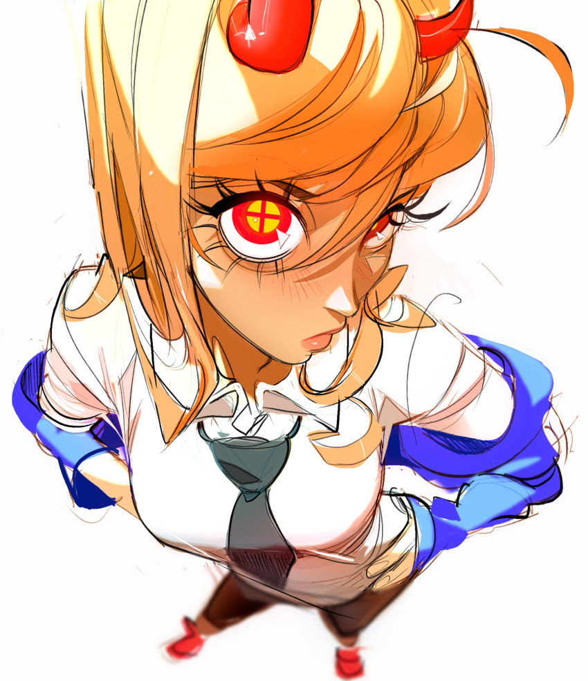 1girl, black_necktie, black_pants, blonde_hair, blue_jacket, chainsaw_man, close-up, collared_shirt, cross-shaped_pupils, cutiicosmo, foreshortening, from_above, hands_on_hips, highres, horns, jacket, jacket_partially_removed, long_hair, looking_at_viewer, necktie, pants, power_(chainsaw_man), red_eyes, red_footwear, red_horns, shirt, simple_background, solo, symbol-shaped_pupils, white_background, white_shirt