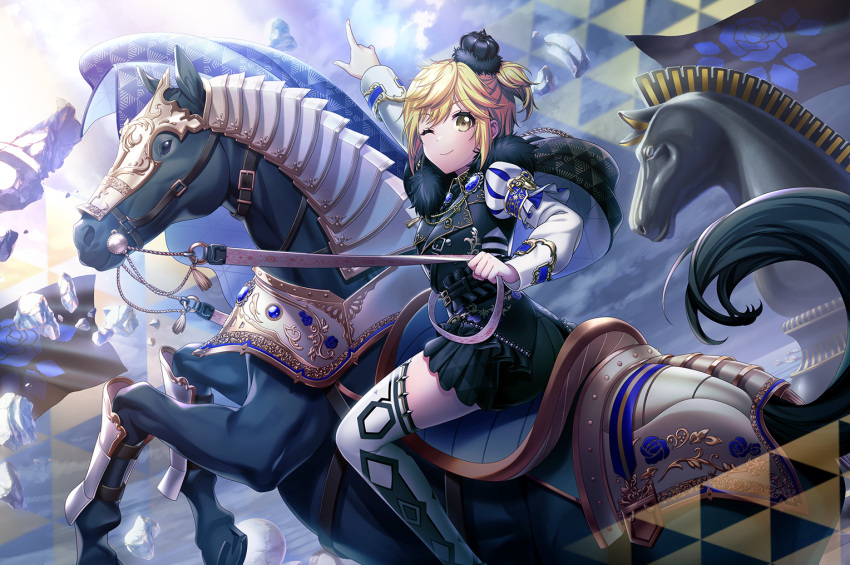 armored, blonde_hair, blush, d4dj, short_hair, smile, tsukimiyama_nagisa, wink