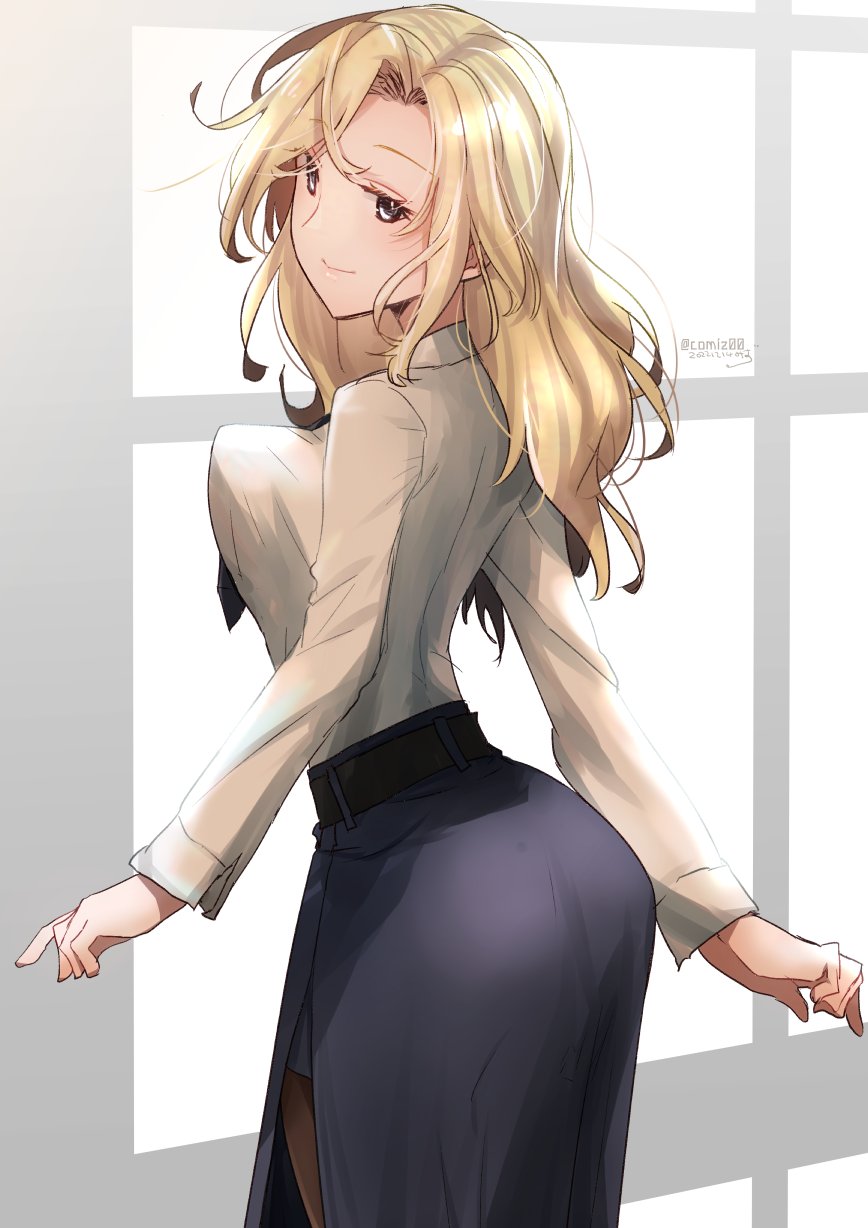 1girl, alternate_sleeve_length, black_necktie, black_pantyhose, black_skirt, blonde_hair, breasts, cowboy_shot